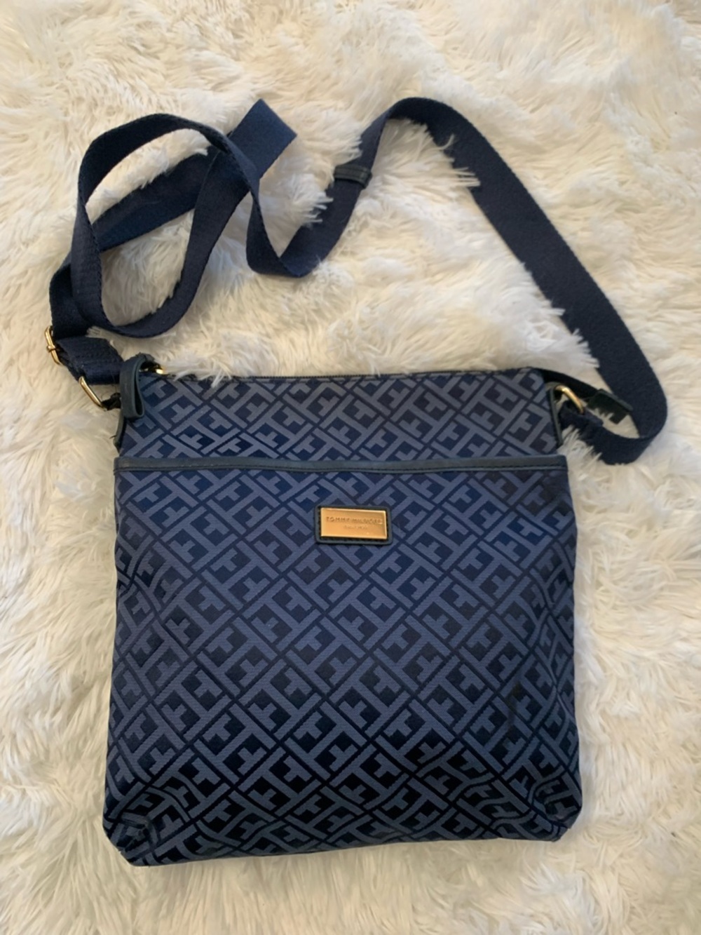 Tommy Hilfiger Navy Monogram Crossbody with Gold Plaque